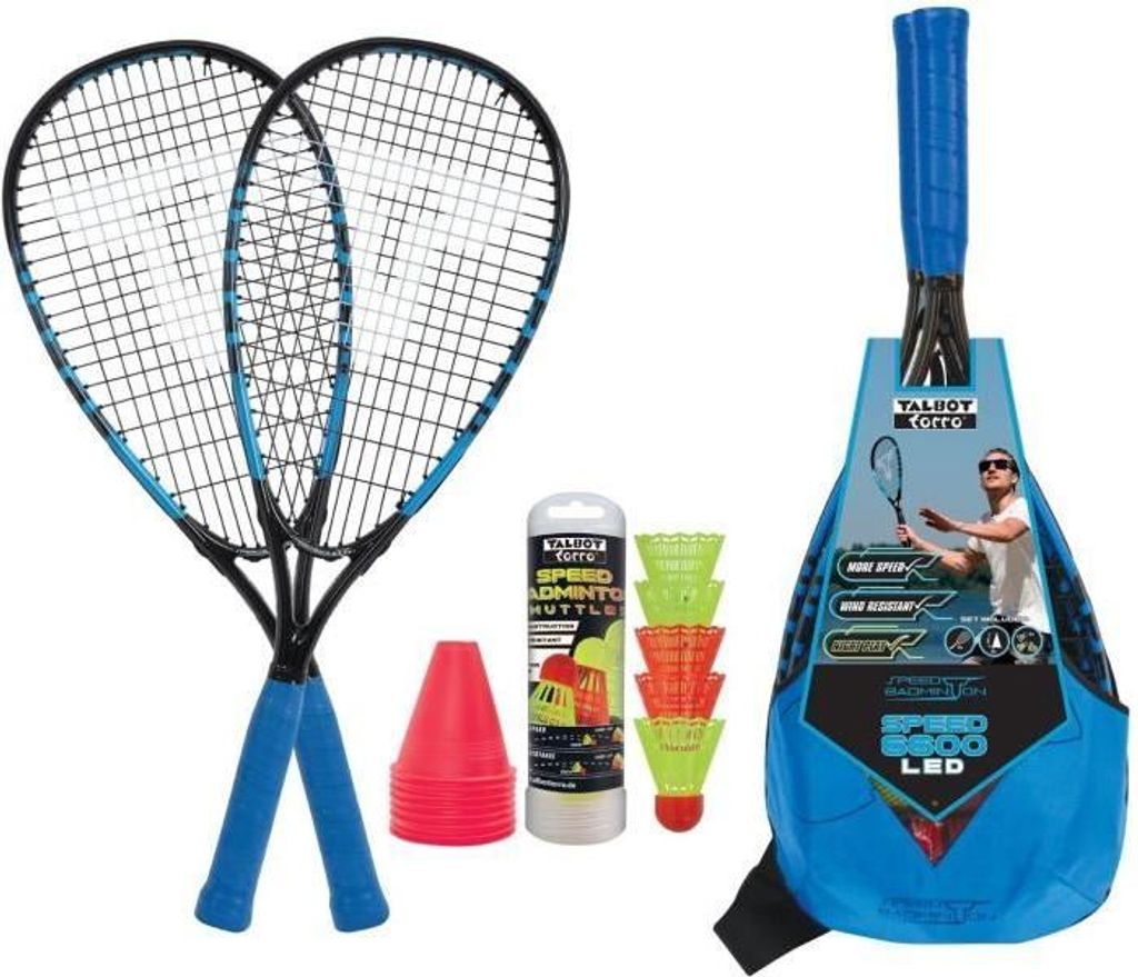 Speed Badminton Set Schildkröt SPEED 6600 LED, 2 Schläger, 5 Federbälle, 2 LED Federbälle, Inklusive LED Licht Grün