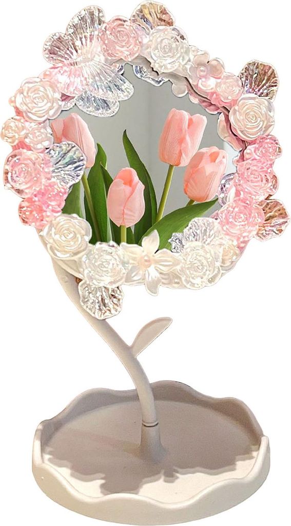 DIY handgefertigter Blumen-Schreibtischspiegel mit Ablage, drehbarer Kosmetikspiegel für den Schreibtisch, Mehrzweck-Schminktischspiegel für Dame...