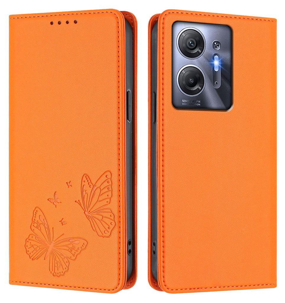 Lederhülle für Infinix Hot 30 5G, Schmetterling Prägung Leder Brieftasche Schutzhülle mit Ständer Orange