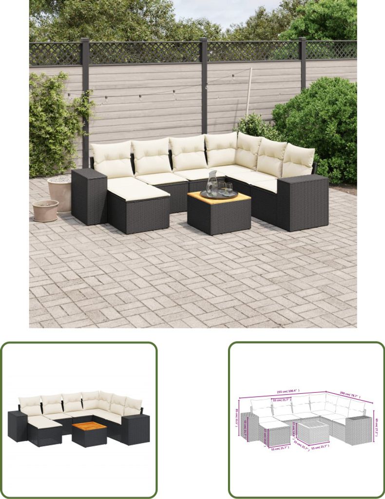 The Living Store 8-tlg. Garten-Sofagarnitur mit Kissen Schwarz Poly Rattan