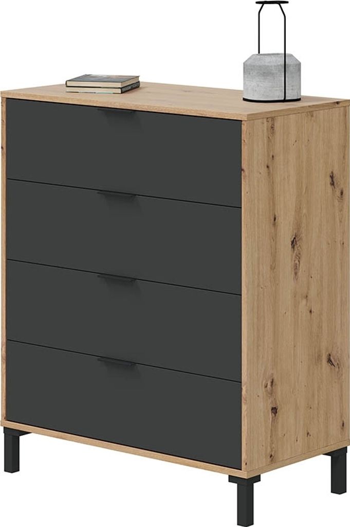Kommode >ENZO< 4 Schubladen, Nodi Eiche Nachbildung / Anthrazitgrau - 77,5x93,5x40 (BxHxT)