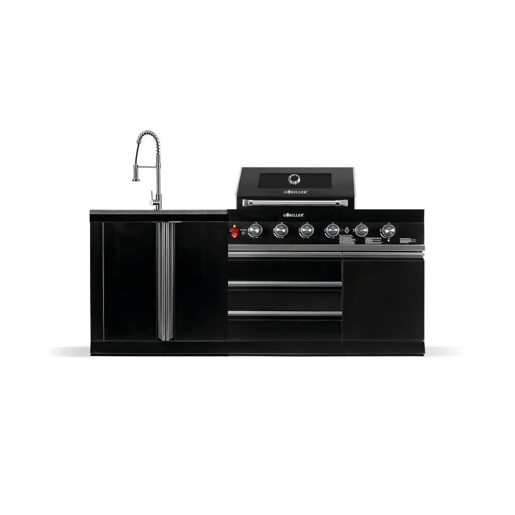 A black outdoor kitchen unit with a gas grill and sink, presented on a white background.