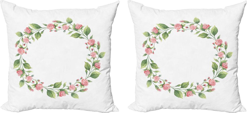 ABAKUHAUS Sommer-Rosa Kissenbezug Set (2Stück), Zweige und Rose Blumen verzierter Aquarell-Art-Kranz-Entwurf, 40 x 40 cm, Weiß Pfau Grün