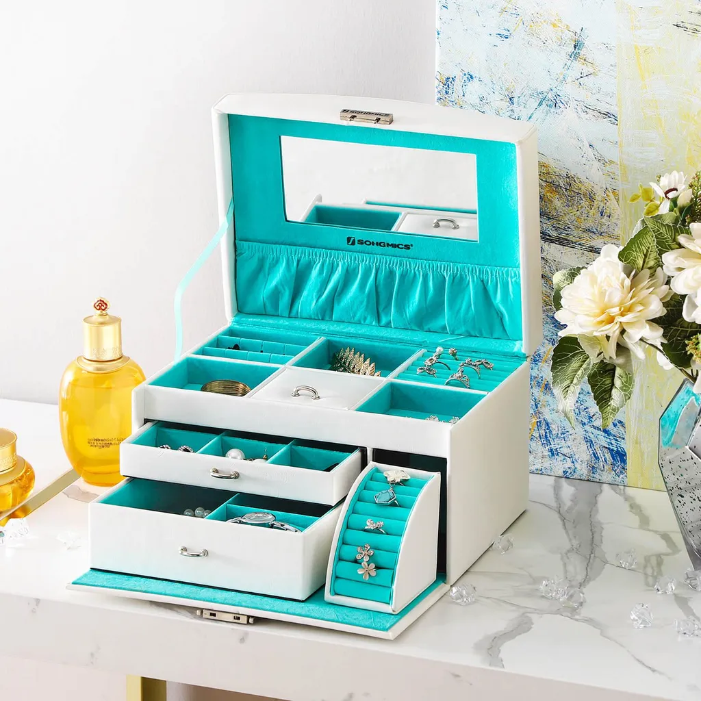 Coffret à bijoux blanc-turquoise multi-rangements avec doublure douce - 3