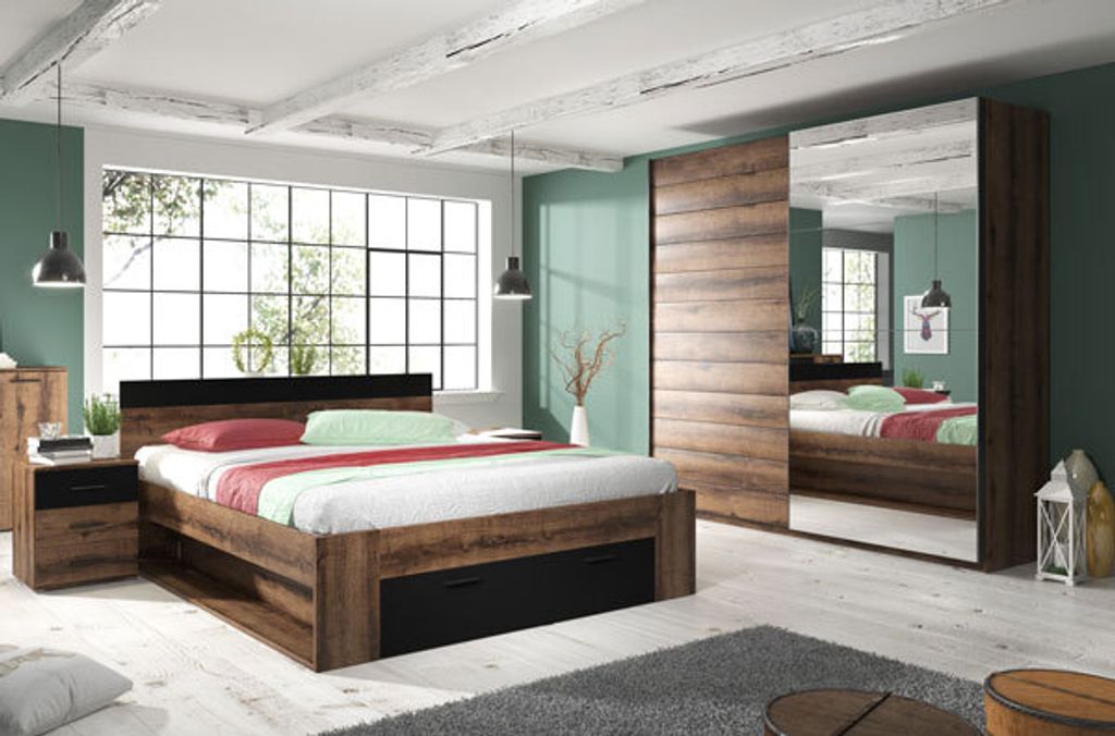 Schlafzimmer-Set komplett Beta 4-teilig Monastery Eiche schwarz Ausführung Bett 180 x 200cm Kleiderschrank 200cm