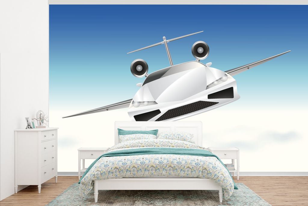 MuchoWow Fototapete für Wohnzimmer oder Schlafzimmer Wandtapete Vinyl Motivtapete Eine Science-Fiction-Illustration eines fliegenden Autos - 345...