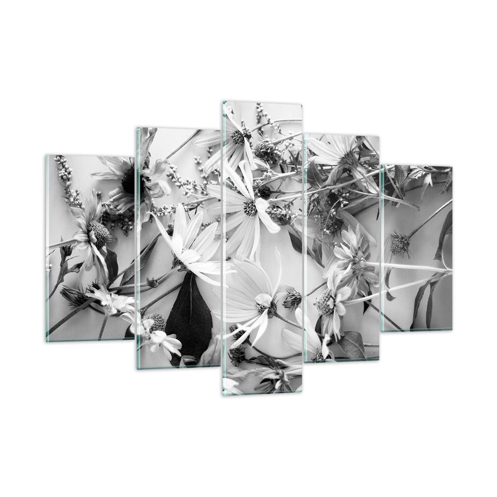 Bilder auf glas - 5 Teile - Blumen Schwarzweiß Fotografie - 150x100cm - Glasbilder - Wandbilder - Bilder - Wanddekoration aus Glas - Glas Bilder -...