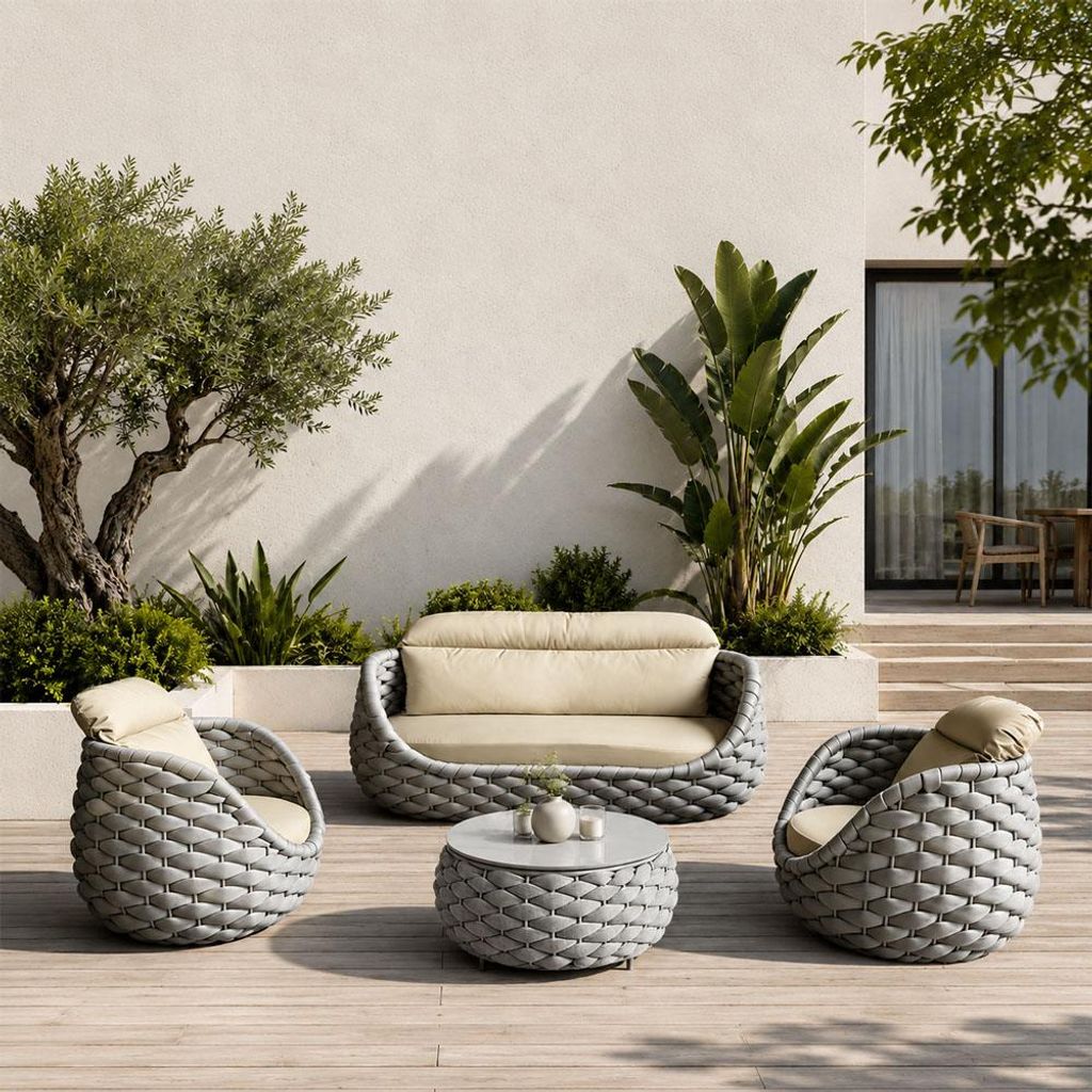 Gartenlounge Set 4-teilig mit 2 Einzelsesseln, Dreisitzer-Sofa und Couchtisch, Wasserabweisend, Ideal für Garten, Terrasse und Hof, Grau