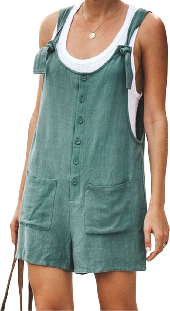 ASKSA Damen Kurz Jumpsuit Sommer Playsuit Kurz Romper Shorts Latzhose Frauen Overalls mit Taschen, Dunkelgruen, Groesse: XXL