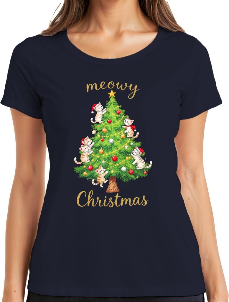 meowy Christmas Katzen Weihnachtsbaum niedlich Katzenliebhaber Damen T-Shirt, Navy, XL