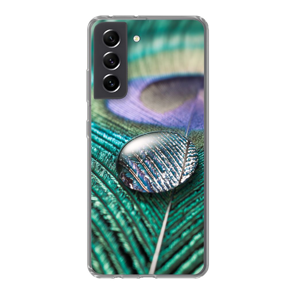 MuchoWow Handyhülle Schutzhülle Hülle für Samsung Galaxy S21 FE Nahaufnahme eines Wassertropfens auf einer Pfauenfeder Silikon Softcase Handy...