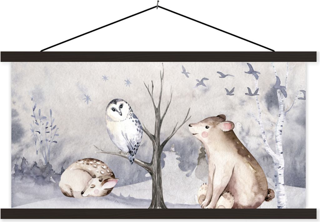MuchoWow Textilposter Winter - Wald - Tiere 60x30 cm mit schwarzem Rahmen - Textilien