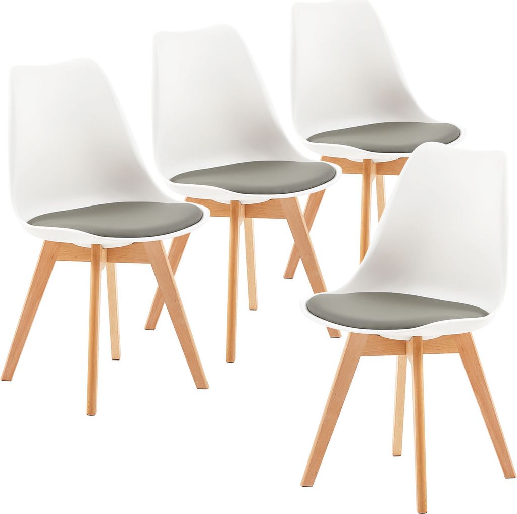 Four white dining chairs with gray seat cushions and light wood legs are arranged on a white background.