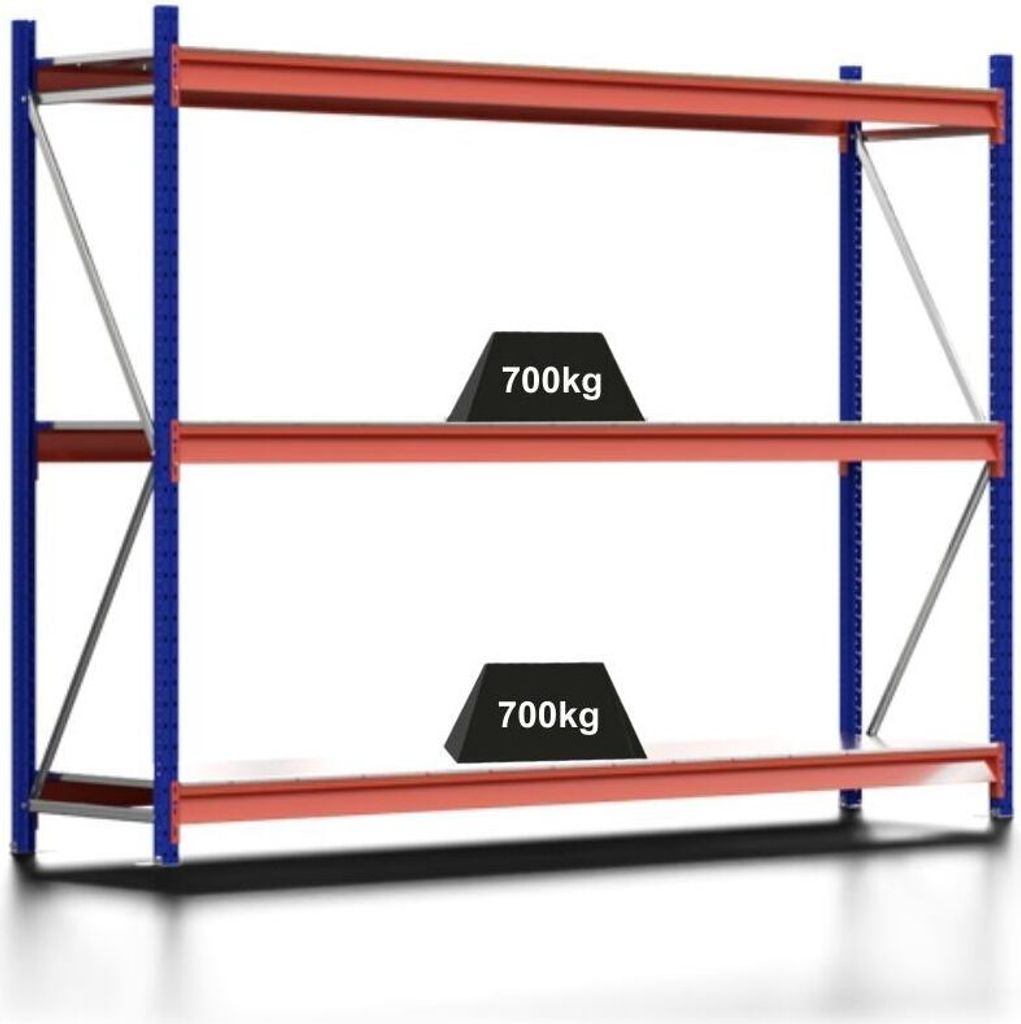 Weitspannregal MOOSE Stecksystem Omega-Profil | Grundregal | HxBxT 200x270x60cm | 3 Ebenen | Stahlplatten-Fachboden | Fachlast 700kg | Enzianblau/R...