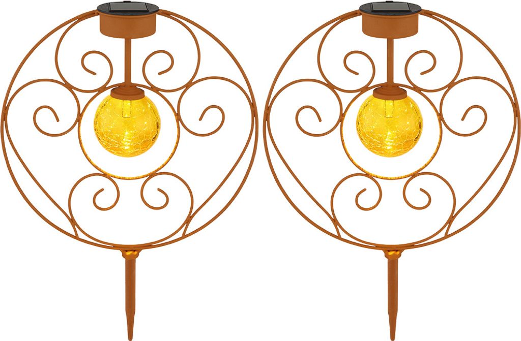 2er Set LED Solarleuchte, Erdspieß, Kugel, rost Glas, H 41 cm