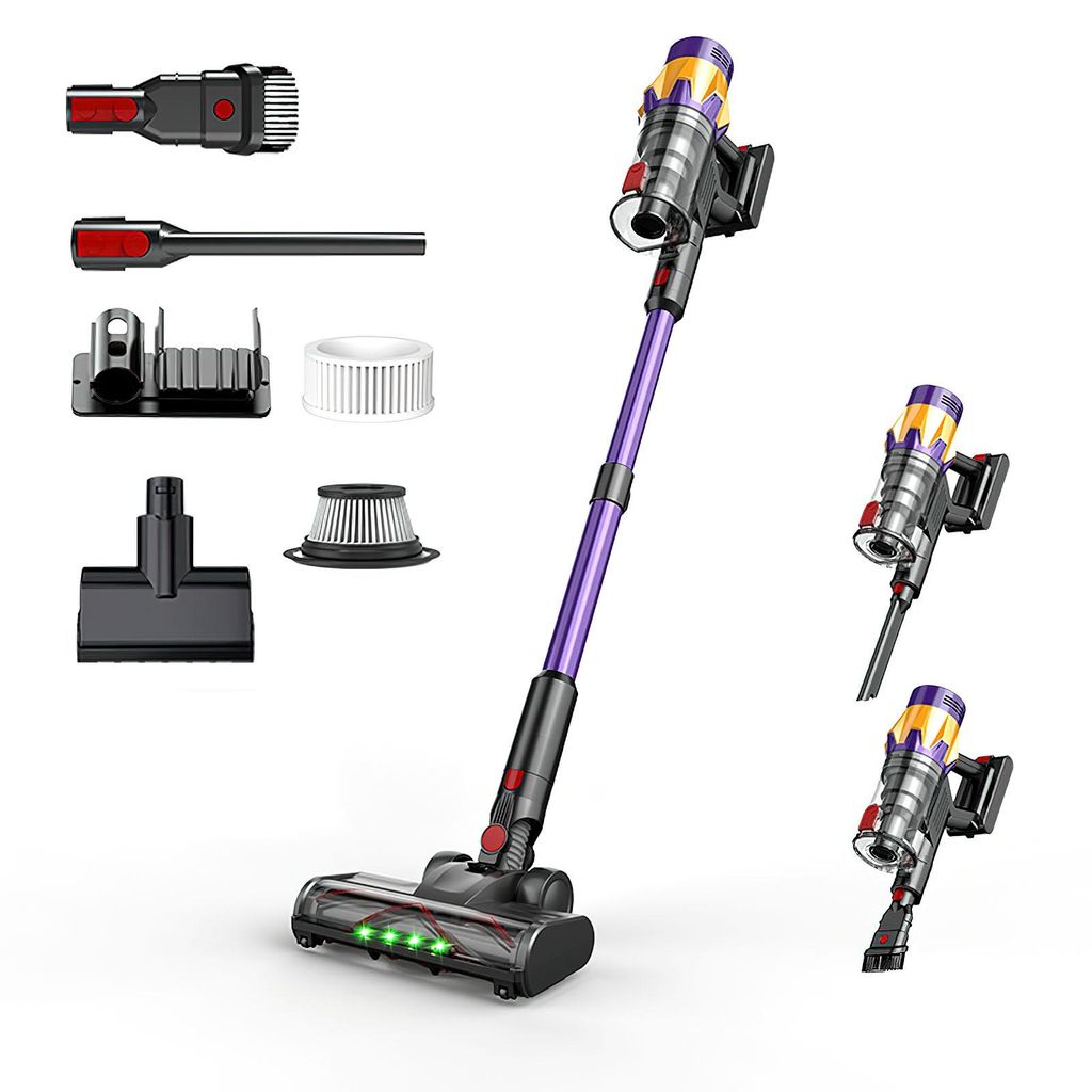 A cordless vacuum cleaner and its accessories are displayed against a white background.