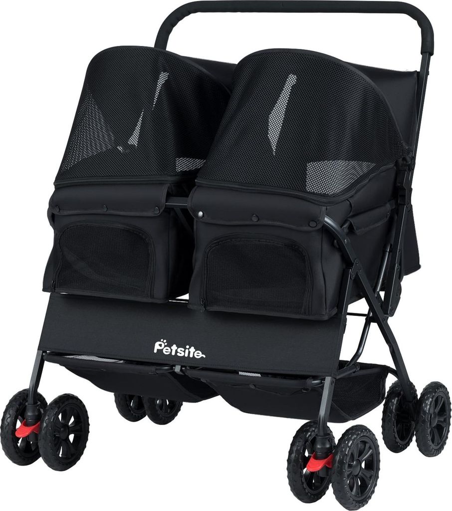 Doppelter Haustierbuggy mit verstellbarem Sonnenschutz, Schwarz