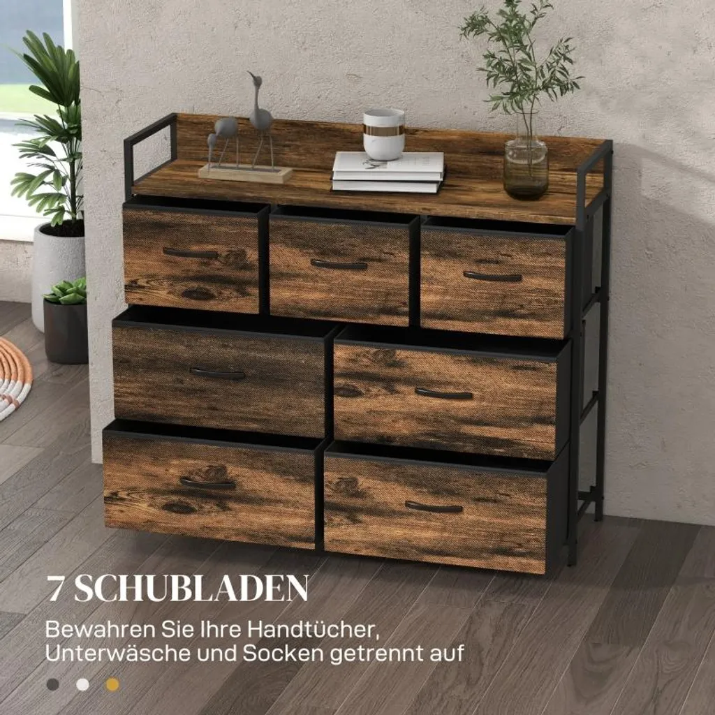 Commode marron avec 7 tiroirs en tissu et structure MDF robuste