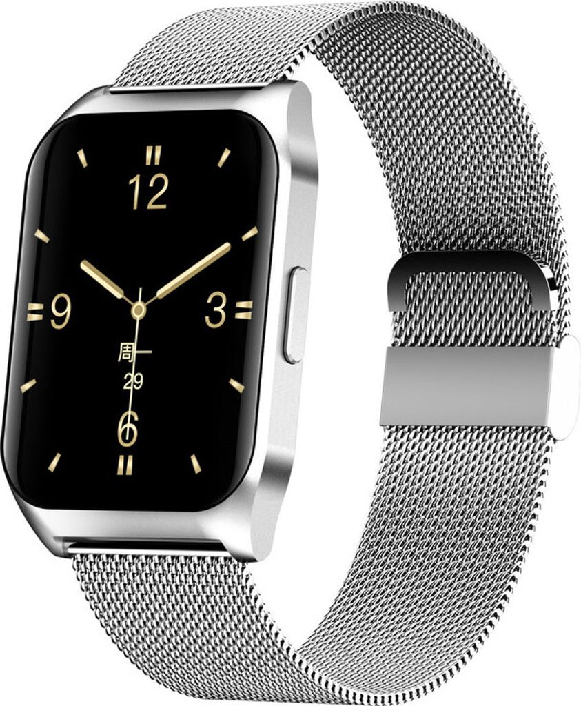 E17 Smart Watch mit Make Call Portable Music Player Fitness Tracker Pulsmesser für Männer Frauen, Silbernes Mesh-Stahlarmband