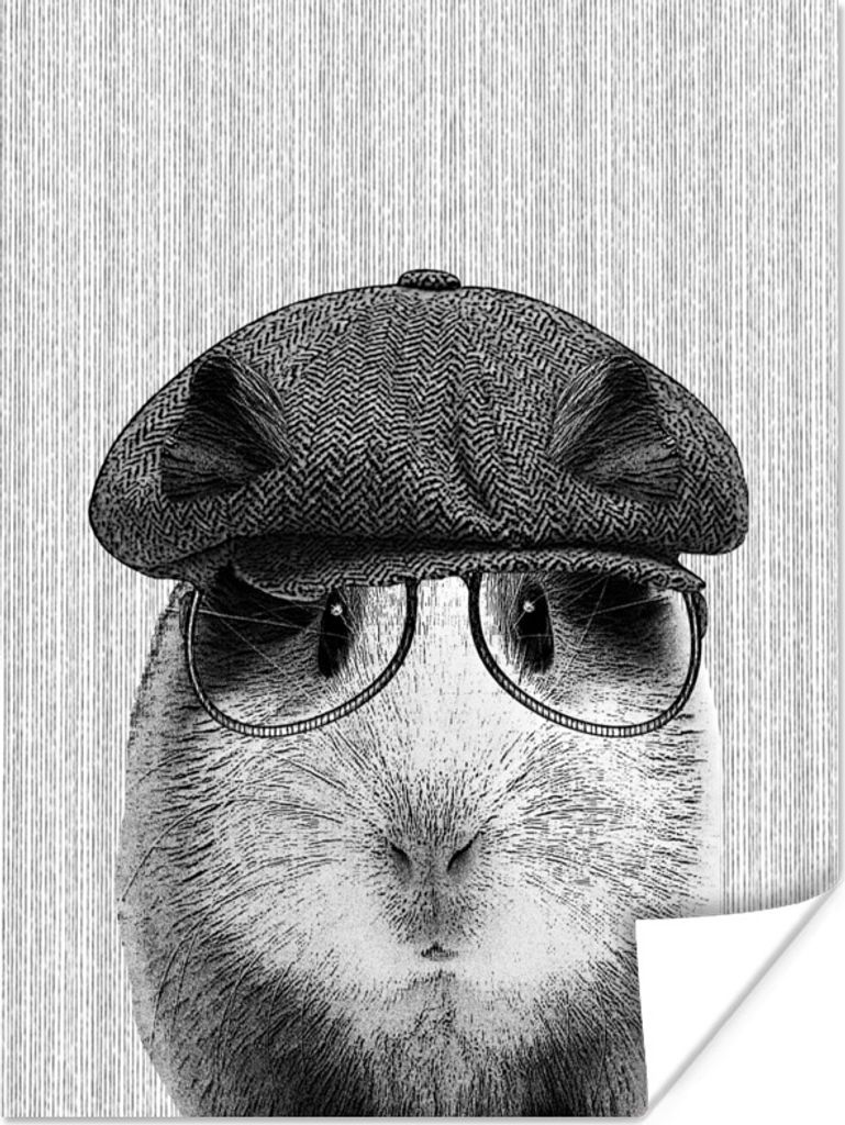 MuchoWow Poster Meerschweinchen - Baskenmütze - Brille - Hipster 60x80 cm - Schlafzimmer Dekoration