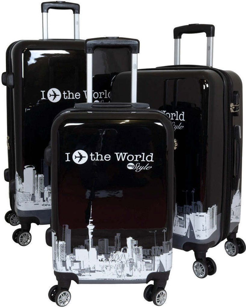 Kofferset Trolleyset 3 teilig Fly the World schwarz Polycarbonat Hartschale Motivkoffer