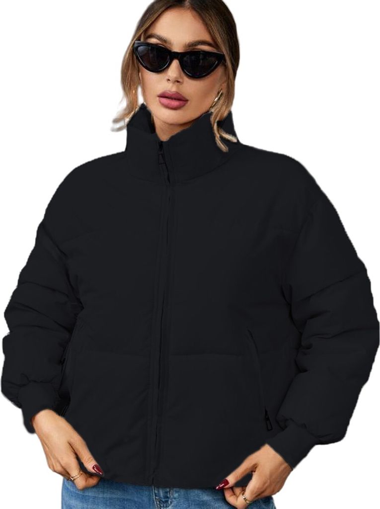 ASKSA Damen Crop Daunenjacke Warm Gesteppte Winterjacke Leichte Casual Winter Mantel Jacke Outdoorjacke, Schwarz, M