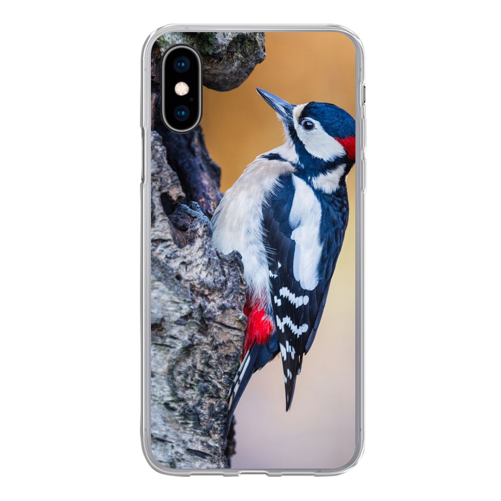 MuchoWow Handyhülle Schutzhülle Hülle für iPhone X Nahaufnahme eines Buntspechts auf einem Baumstamm Silikon Softcase Handy Hülle - Handyhülle
