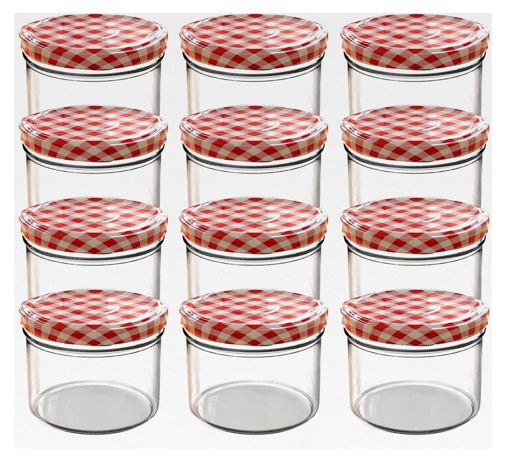 12 x 230 ml Einmachgläser mit rotem kariertem Schraubdeckel – Ideal für Marmeladen, Konfitüren und mehr, kleine Gläser mit Deckel, geeignet a...