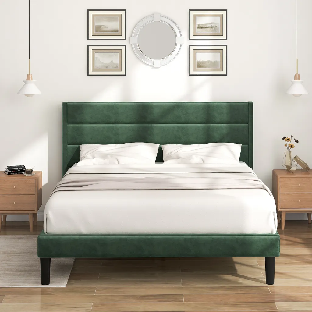 Merax Lit rembourré 140x200cm avec sommier à lattes, Velours Vert foncé