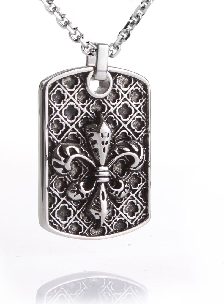 Karisma Edelstahl Anhänger Dog Tag Bourbonische Lilie Geschwärzt Edelstahl Kette Länge 50 cm