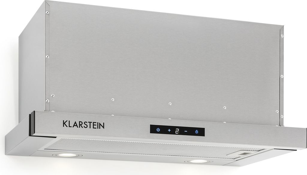 A stainless steel kitchen range hood mounted against a white background.