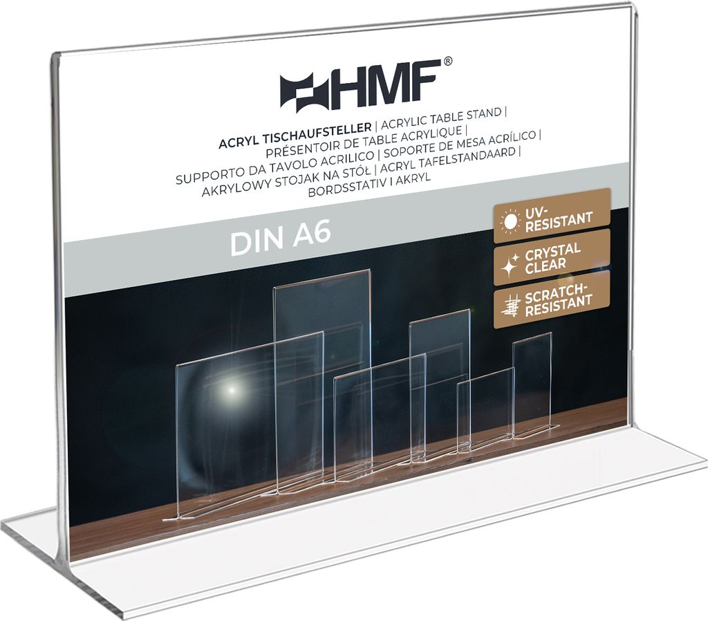 HMF Acryl Tischaufsteller DIN A6, Doppelseitiger T-Ständer Aufsteller | Querformat | Glasklar
