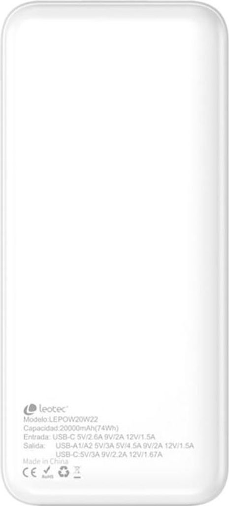 Leotec LEPOW20W22W, 20000 mAh, Lithium Polymer (LiPo), Power Delivery 3.0, Quick Charge 3.0, Weiß