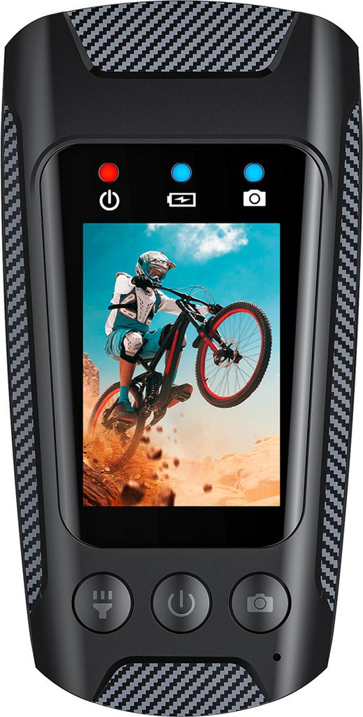 A person riding a bicycle in a desert landscape is displayed on the screen of a black action camera.