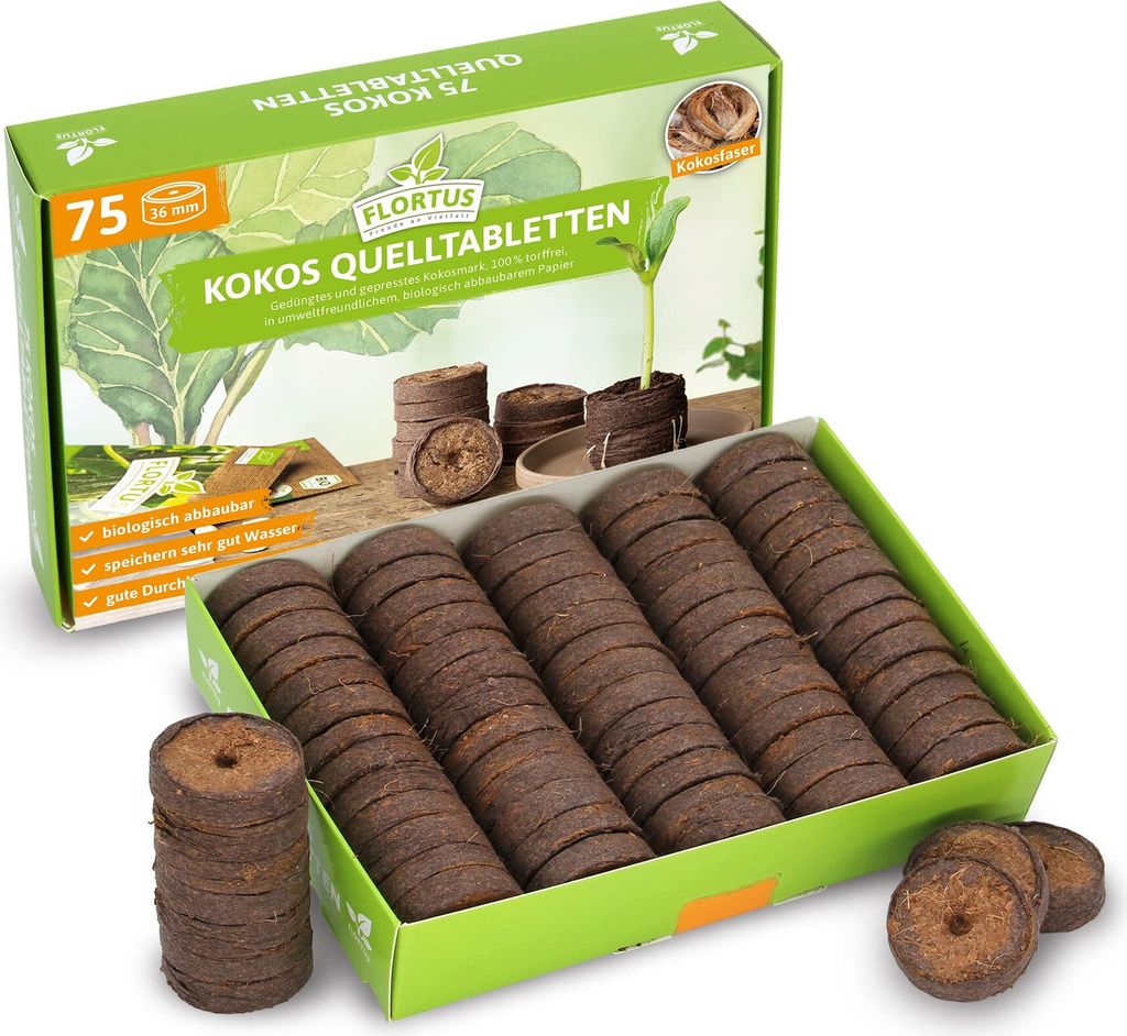 FLORTUS – Kokos Quelltabletten aus Anzuchterde mit NPK Dünger – 75 Stück (36 mm) Kokos Quelltabs torffrei & biologisch abbaubar – Kokoserde...