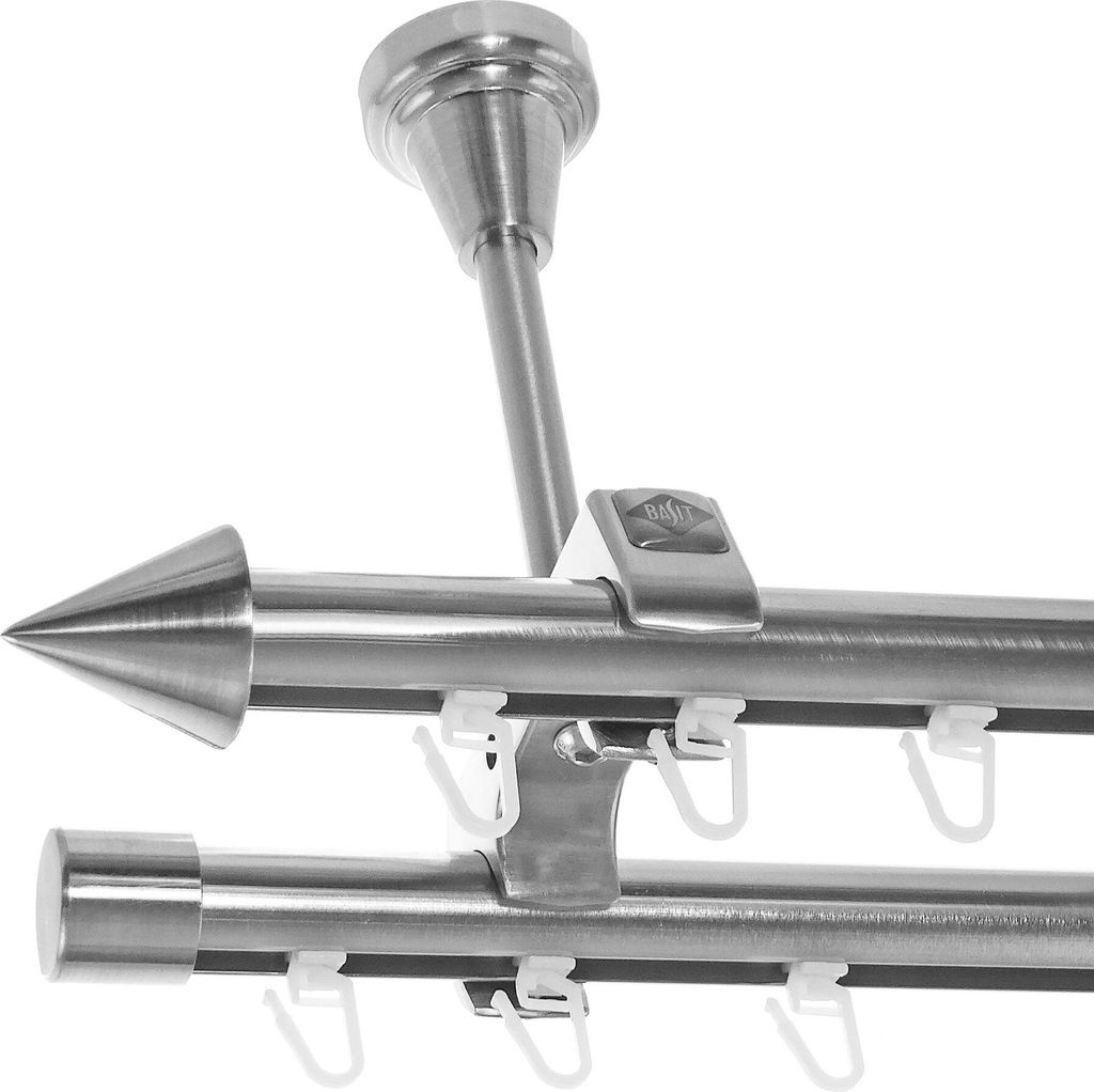 Innenlauf Gardinenstange Edelstahl Look, Durchmesser 20mm, Deckenträger D61II, 2-läufig, Länge 240, Endkappe E31
