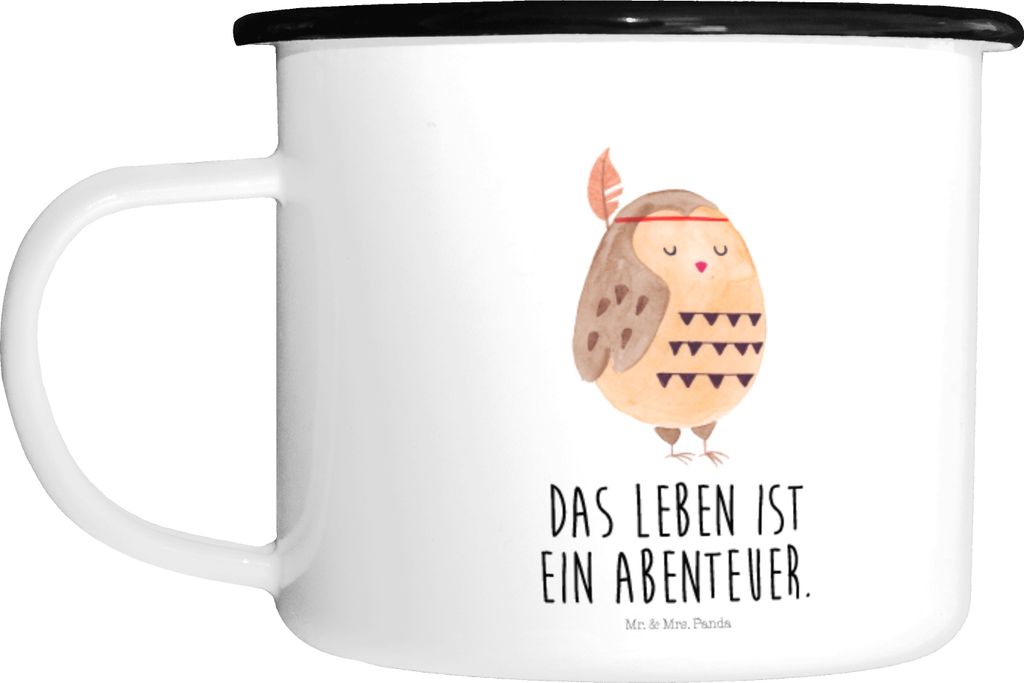 Mr. & Mrs. Panda Teetasse Eule Federschmuck - Weiß - Geschenk, Teebecher, mutig, Emaille Tasse, Pott, Metallbecher, Becher, Dekoration, Abenteuer,...