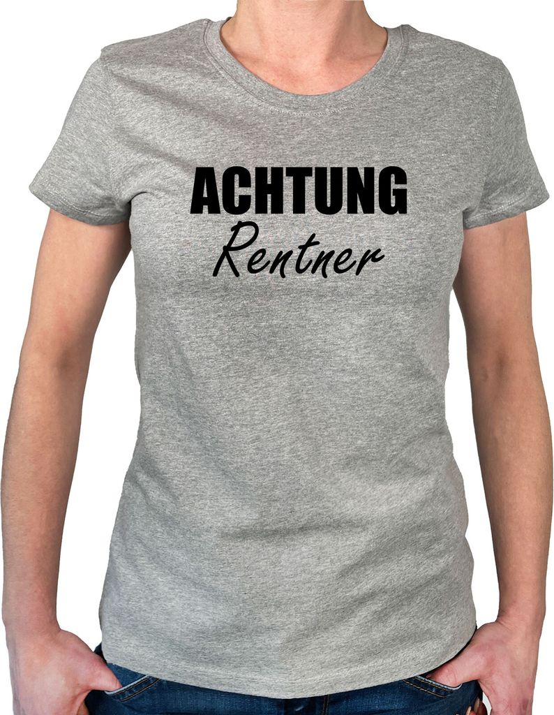 Huuraa Damen T-Shirt Achtung Rentner Schriftzug XXL Sport Grey Bio Baumwolle Fairtrade Damenshirt Geschenkidee