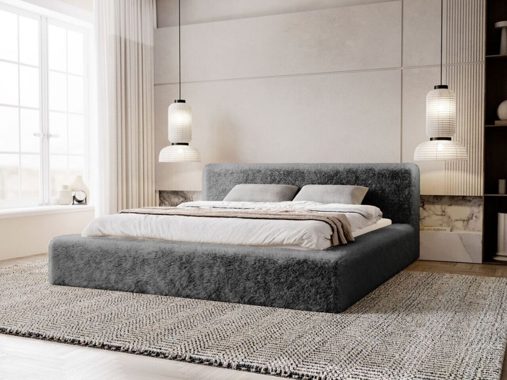 GRAINGOLD Polsterbett 180x200 cm Enjoy - Schlafzimmerbett mit Bettkasten & Lattenrost - Stoff Fellimitat - Grau (Lapit 16)
