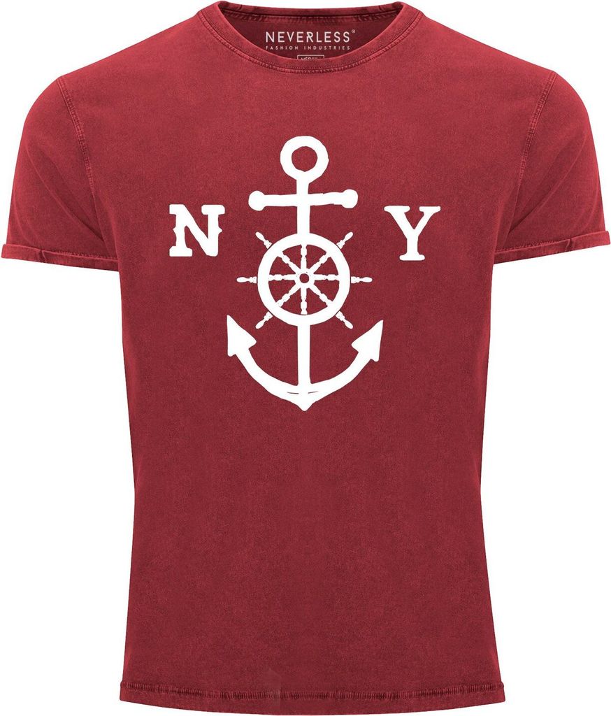 Cooles Angesagtes Herren T-Shirt Vintage Shirt Anker mit Steuerrad Used Look Slim Fit Neverless rot L