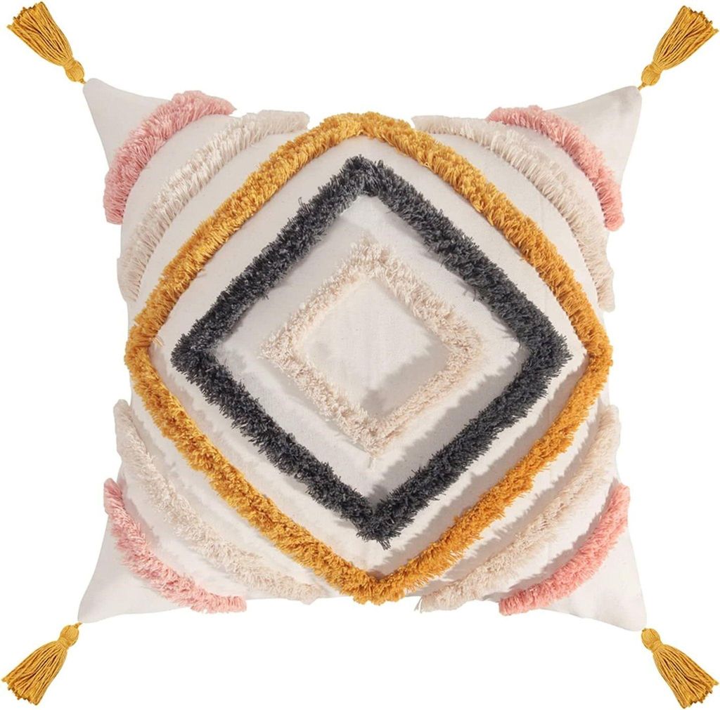 Boho Kissen Beige Deko Baumwolle Dekokissen Marokko getuftete Kissenhülle Kissenbezüge Quaste für Sofa Schlafzimmer Wohnzimmer Dekor (45x45cm)