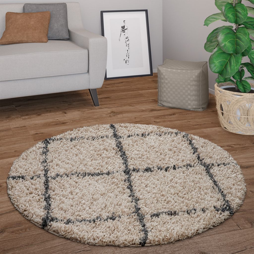 Hochflor Teppich Rund Wohnzimmer Moderner Shaggy Langflor Skandi Rauten Grösse 80 cm Rund