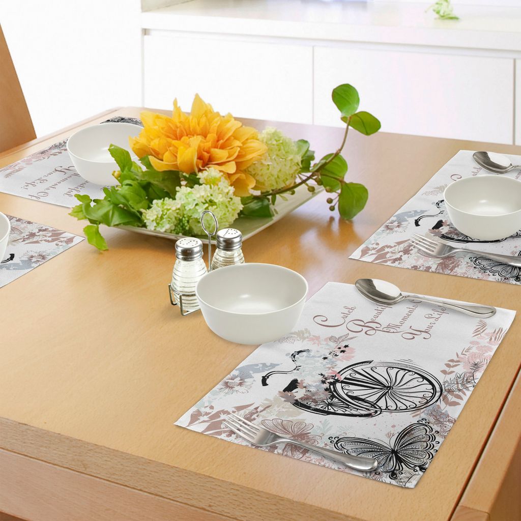 ABAKUHAUS Frühling Platzmatten, Weinlese-Fahrrad bedeckt durch weichen Ton blüht Blätter im Park-Schmetterlings-Fliegen-Thema, Untersetzer aus W...