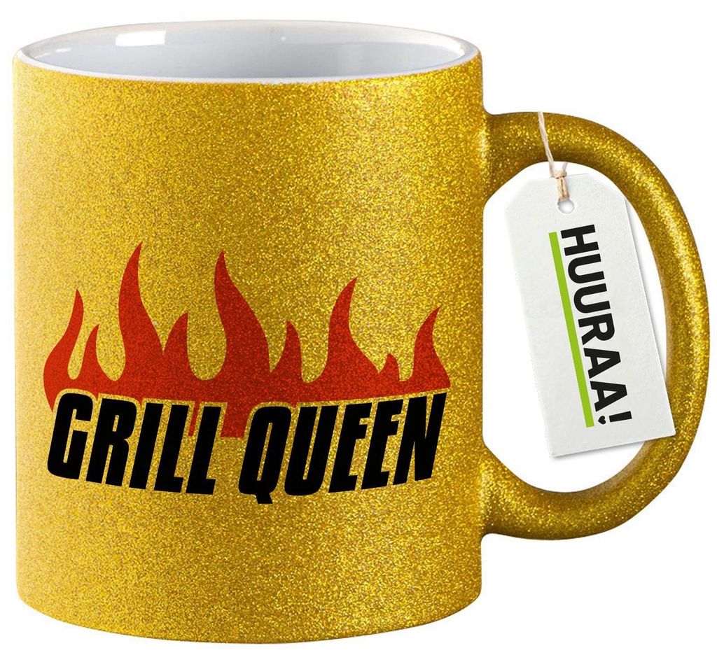Huuraa Glitzertasse Grill Queen Flammen 330ml Gold Keramik Kaffeebecher Geschenkidee