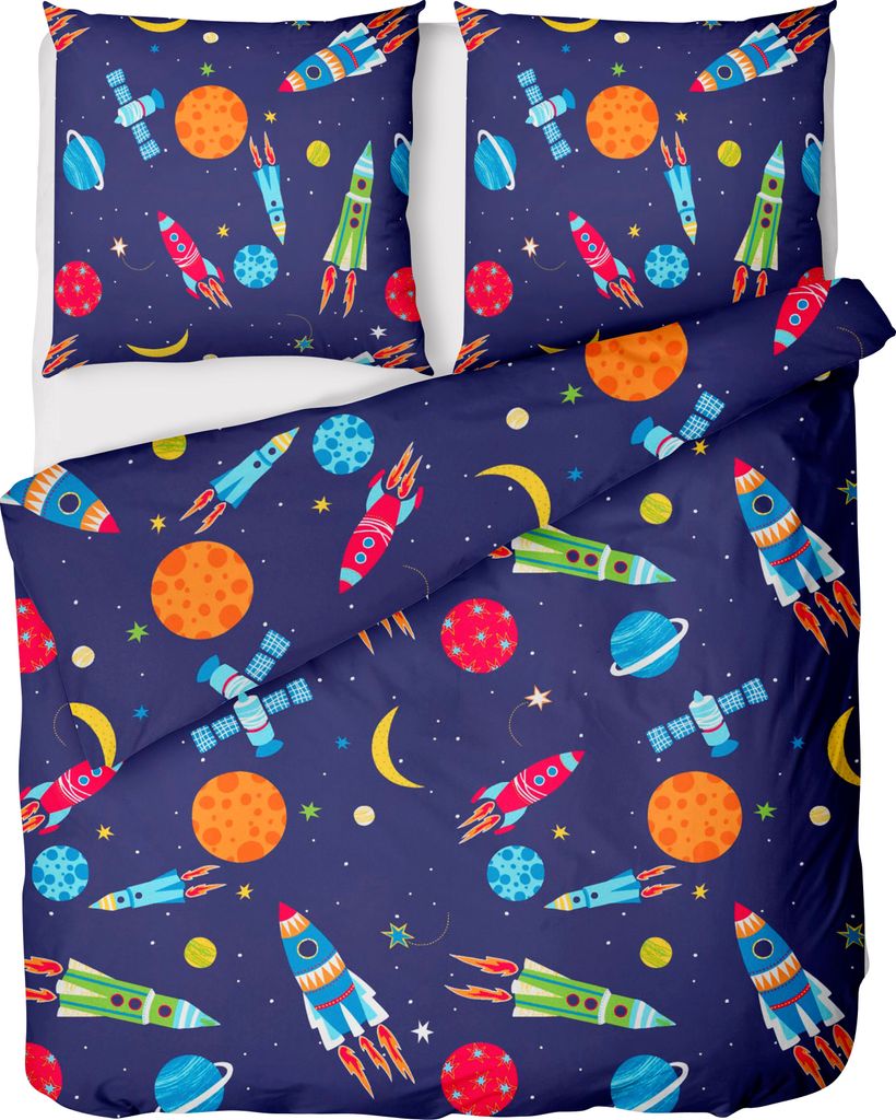 Kinderbettwäsche Renforce 135x200cm, 100% Baumwolle, Navy Blau, Astronaut-Motiv, Reißverschluss, Ganzjährig, Sommer, Kissen 80x80cm
