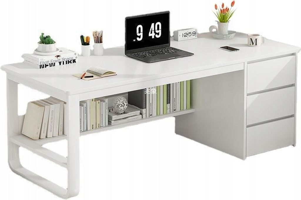 A white computer desk with shelves and drawers, featuring a laptop, books, and decorative items.