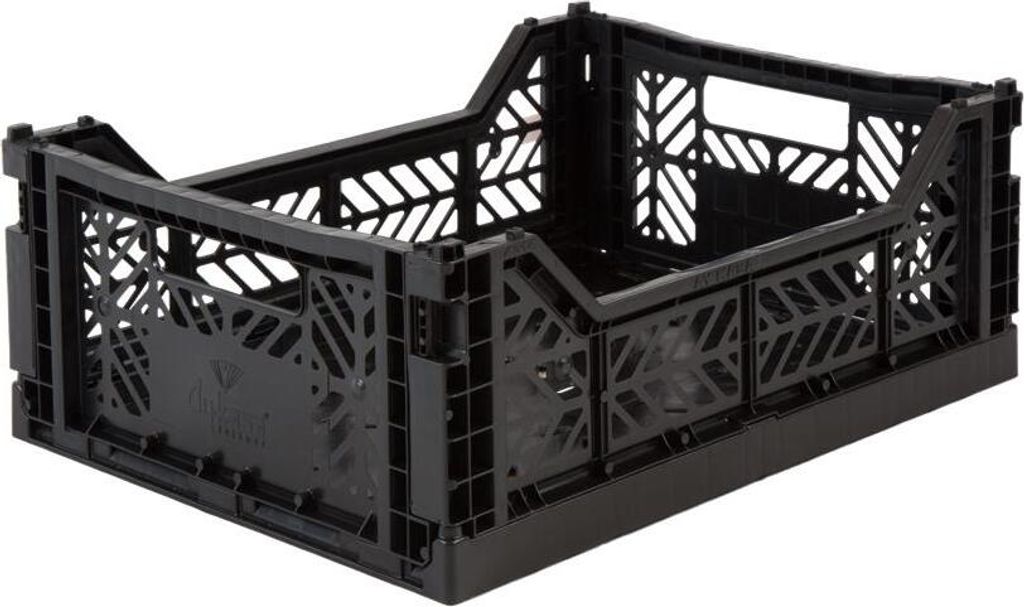 A black folding crate viewed from a three-quarter angle.