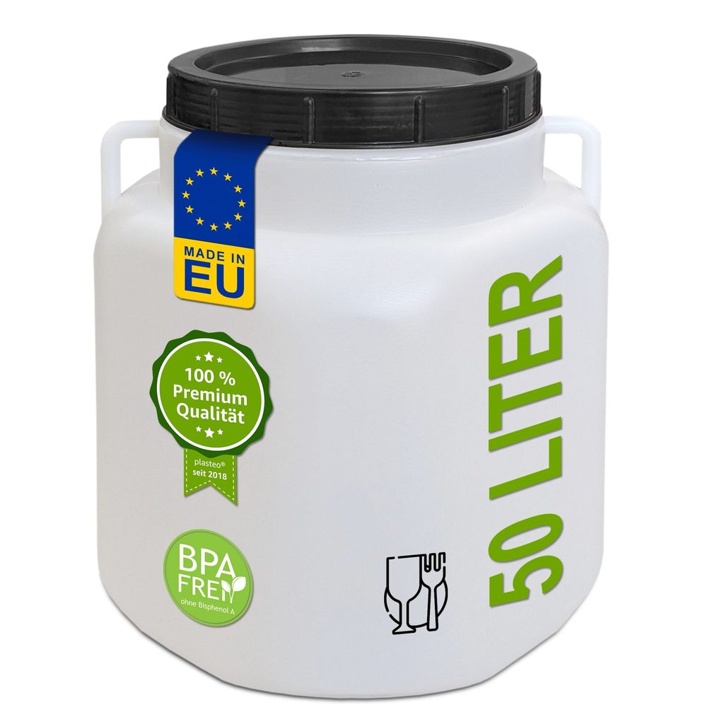 plasteo 50 Liter Weithalsfass mit Deckel und Griffen Eckig Natur, Lebensmittelecht BPA-Frei, Futtertonne Kunststofffass Universalfass Deckelfass