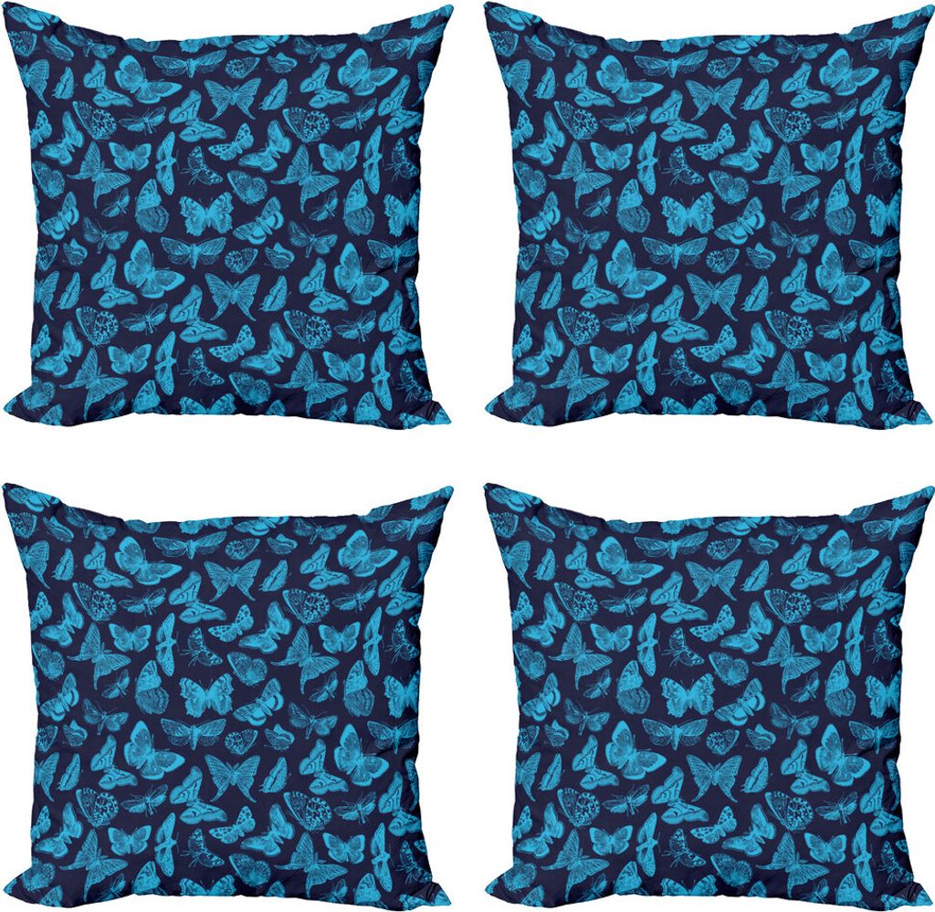 ABAKUHAUS Indigo Kissenbezug Set (4 Stück), Hand gezeichnete Schmetterlinge, Moderner Doppelseitiger Digitaldruck, 45 cm x 45 cm, Hellblau und Dun...
