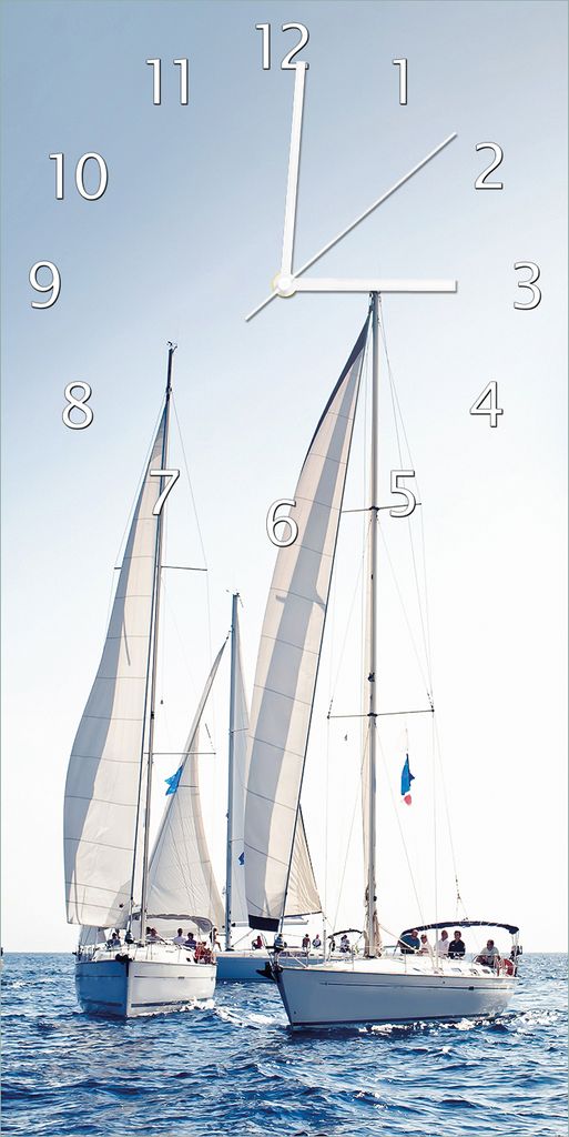Wallario Design Wanduhr Segelschiff auf dem Meer aus Echtglas, Größe 30 x 60 cm